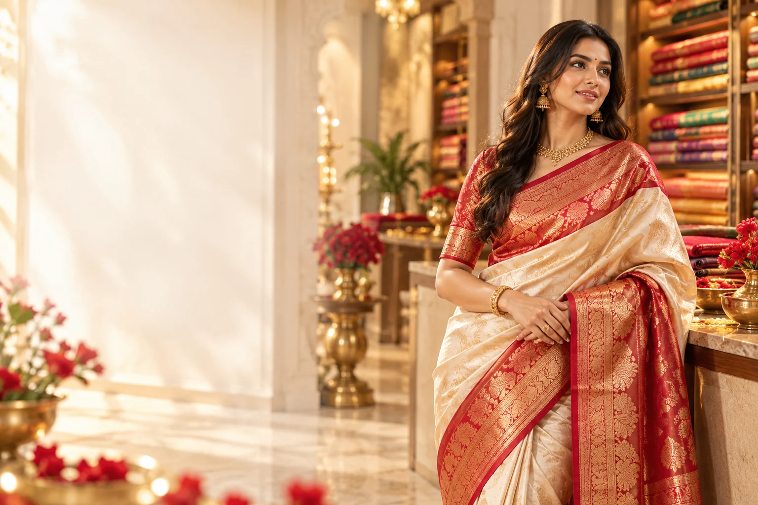 Elegant silk saree styling in a warm textile boutique